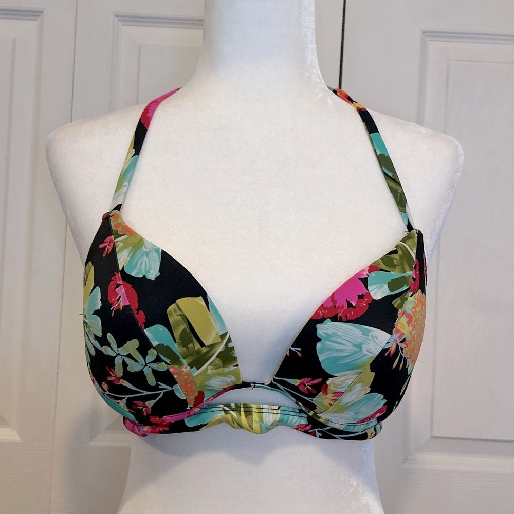 🩷 Revamped Black Floral Swimsuit / Bathing Suit Top Padded - Medium